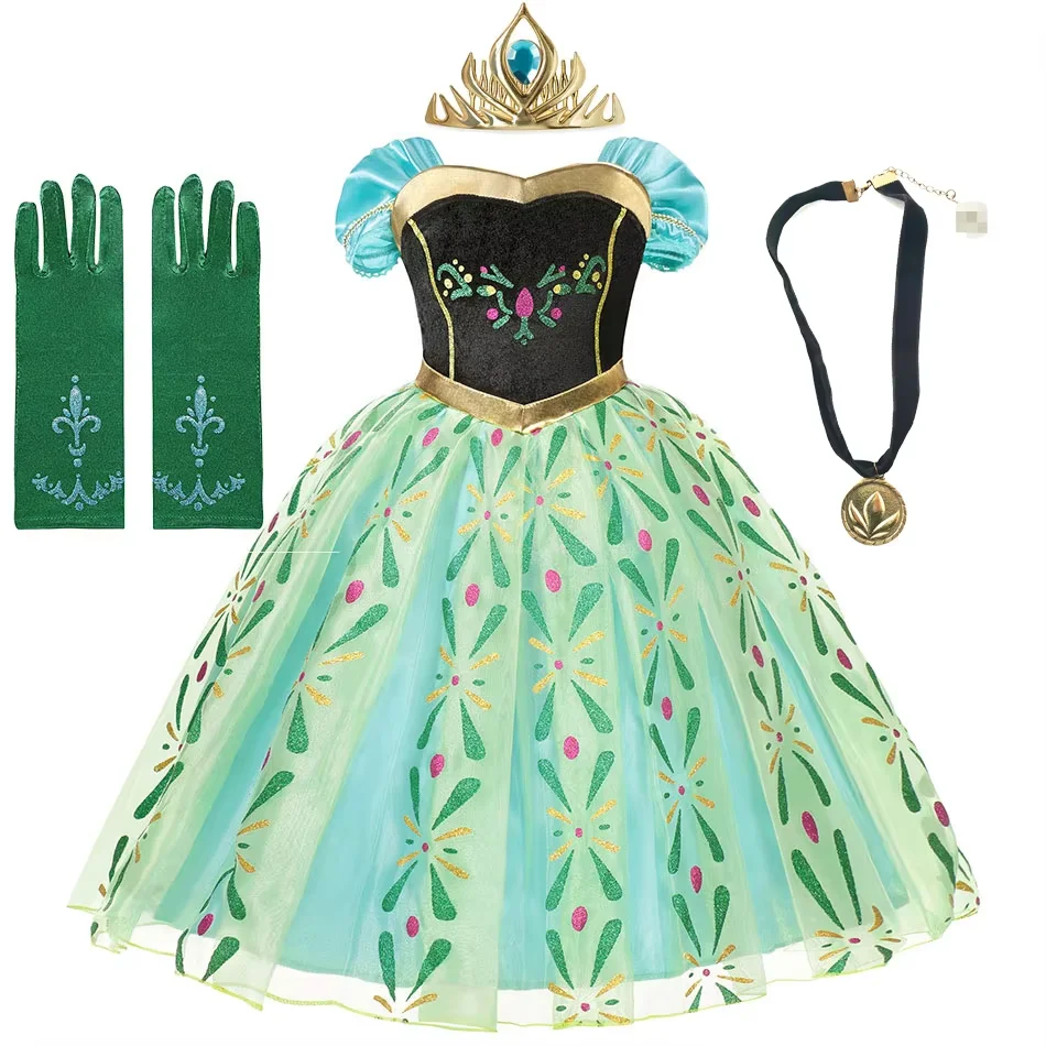 2025 Princess Girls Anna Dress Vestidos Party Birthday Clothing Kids Wig Crown Gloves Halloween Costume