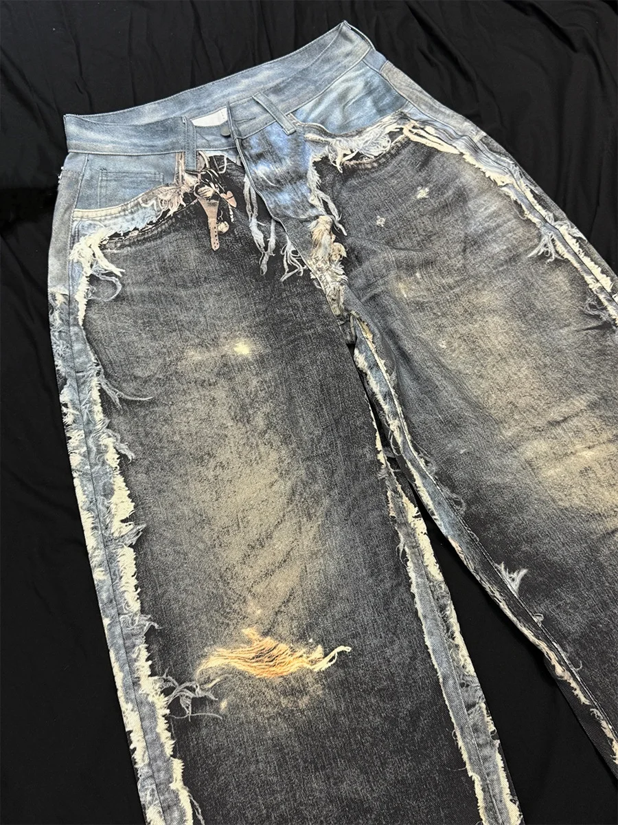 2025 Nuovo Stile Americano High Street Stile RO Pantalones Hombre Lavaggio Pesante Stampa Bordo Grezzo Denim Jeans a Gamba Larga per Uomo