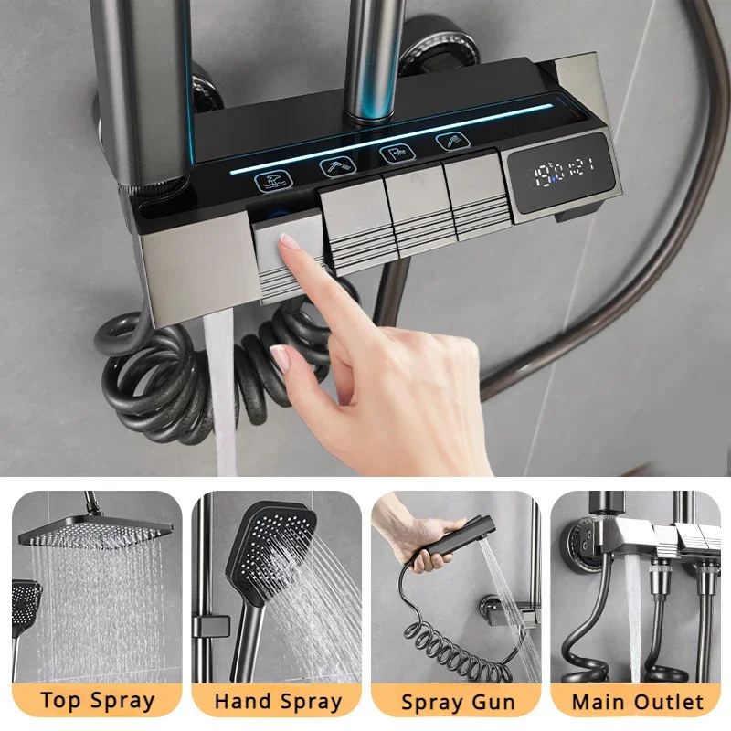 Imagem -02 - Banheiro Temperatura Inteligente Display Digital Chuveiro Montagem na Parede Chave de Piano Funções Chuva Sistema de Chuveiro Quente e Frio Conjunto Completo