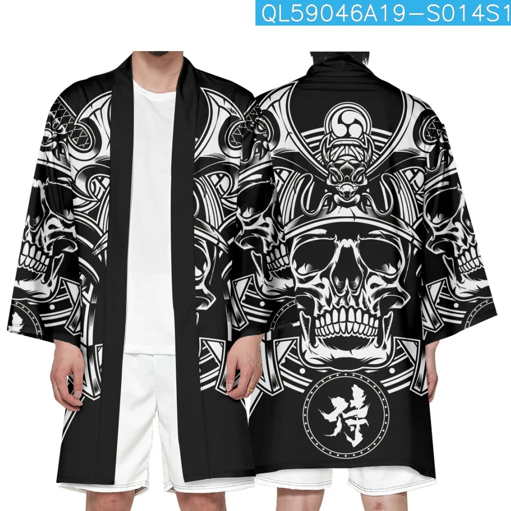 

Loose Black Skull Print Cardigan Japanese Samurai Harajuku Long Kimono Women Men Cosplay Yukata Tops