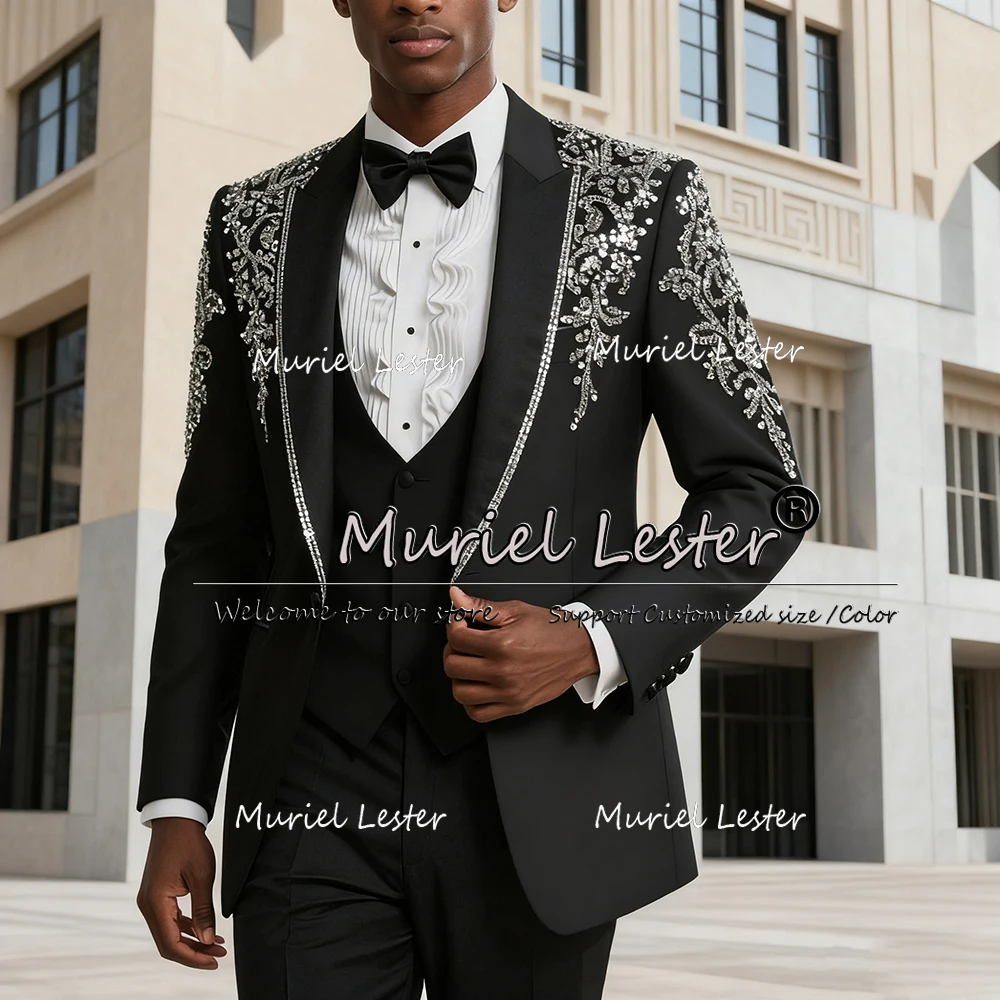 

Luxury Crystals Beading Suits Men For Wedding 3 Pieces Sets Notched Lapel Prom Blazers Customized Man Formal Party Tuxedos 2026