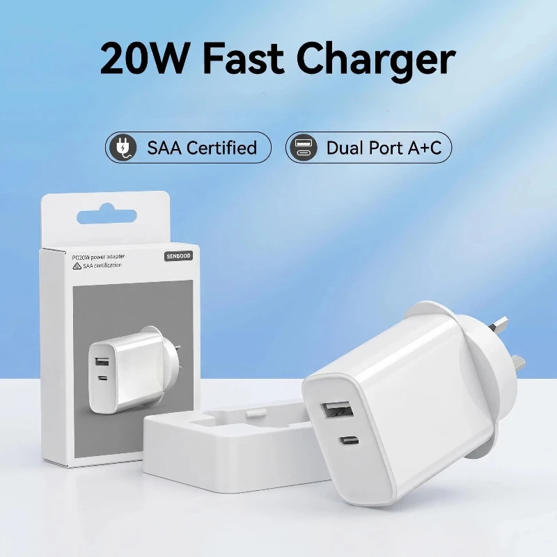 Australian standard 20WPD mobile phone charging head, dual-port USB-A+USB-C fast charging head