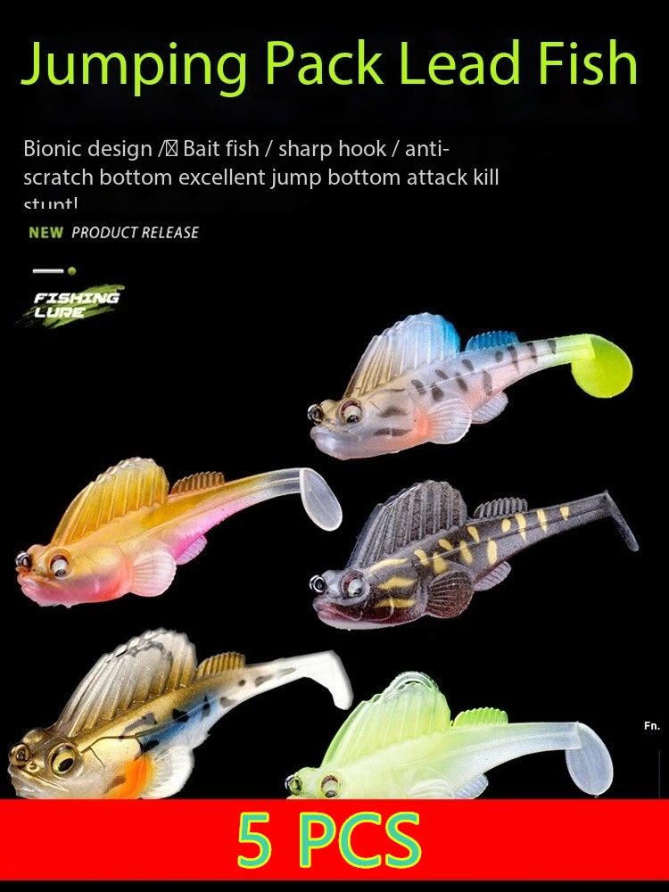 5PCS Biomimetic Jumping Fish T-Tail Soft Bait Anti Hanging Bottom Probing Lead, Catfish, Bass For Freshwater Sea Fishing