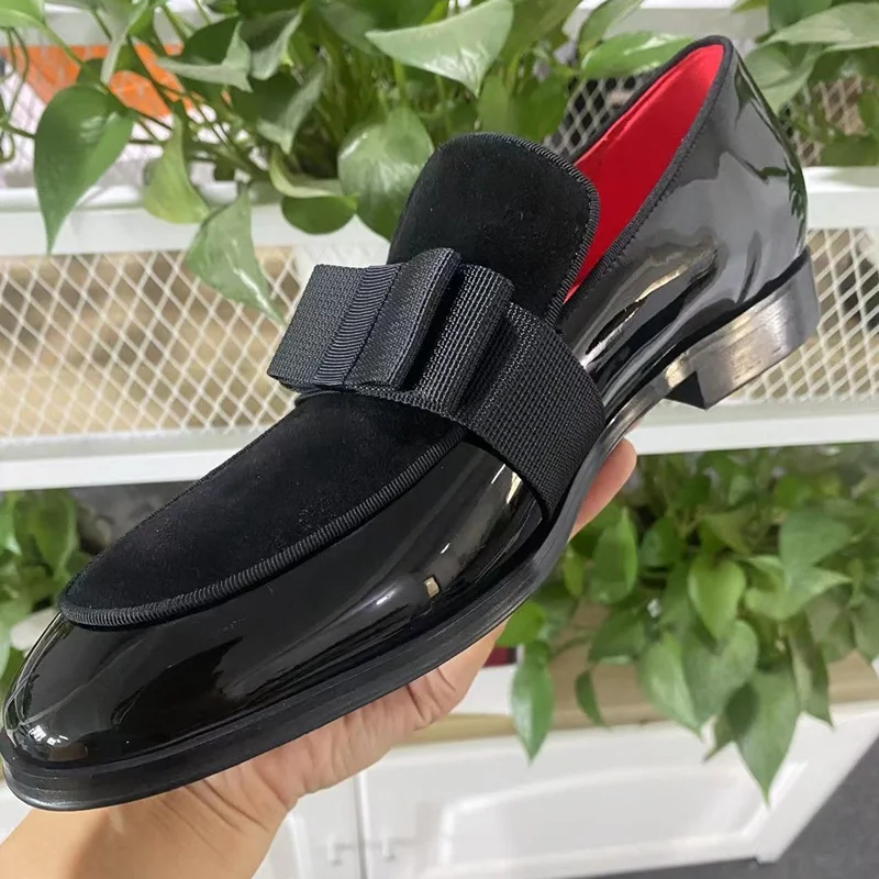 New Fashion Luxury Patchwork Mens Loafers With Bow Black Patent Leather Shoes Men Dress Shoes Flats Party And Wedding Shoes