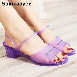 Size 36-40 Womens Sandals Slippers Summer Mujer Zapatos Female Crystal Shoes Transparent 5cm Heels Peep Toe Soft Beach Shoes Y10