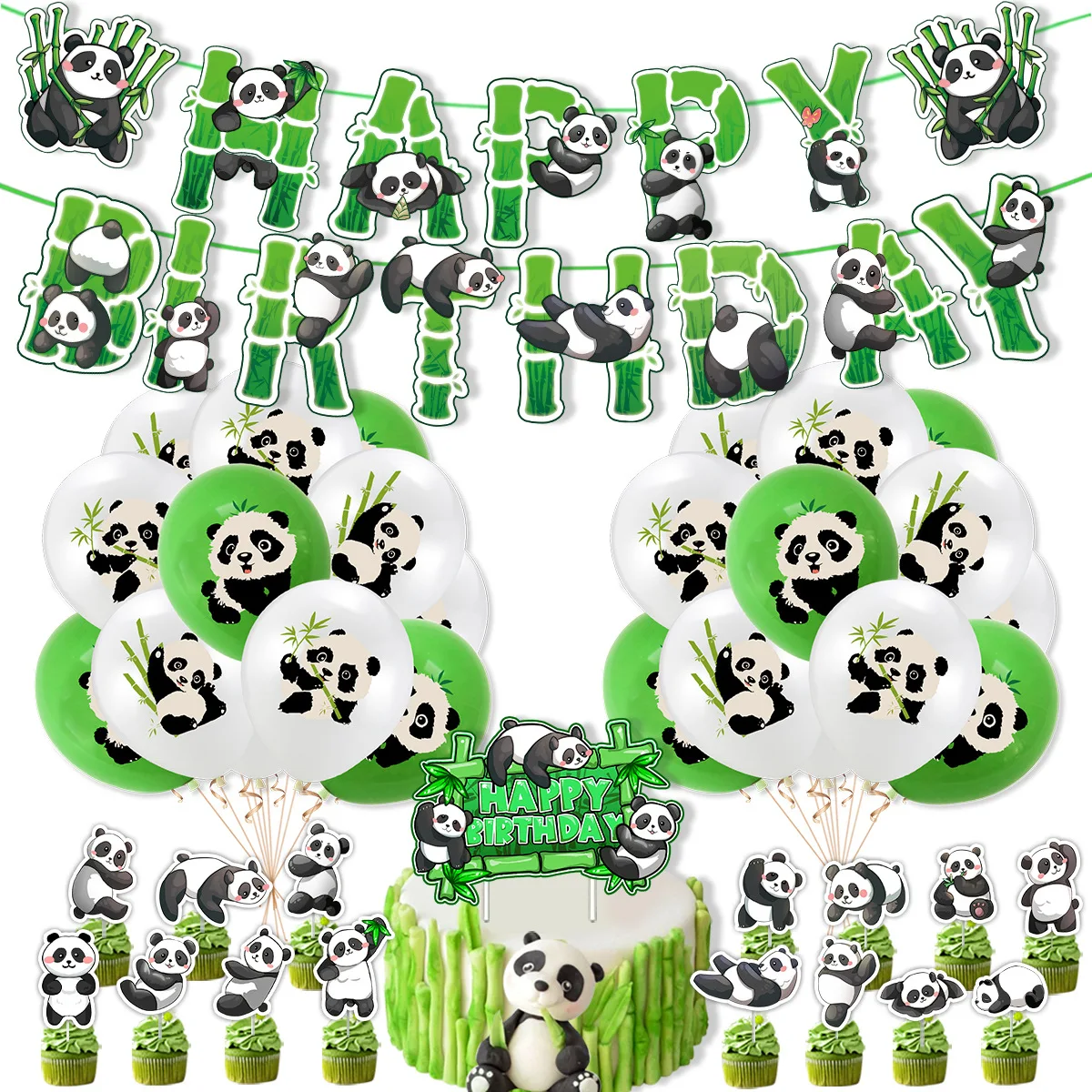 16pcs Panda Theme Birthday Party Cake Decorations Bamboo Panda Cake Inserts Happy Birthday Cake Toppers