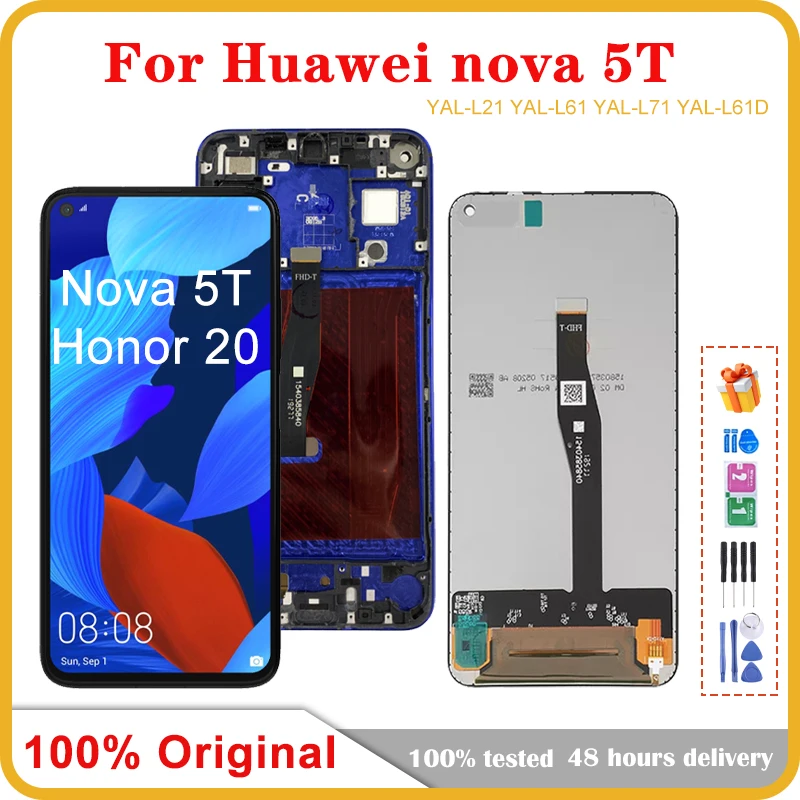 

6.26" Original For Huawei Nova 5T LCD Display with Frame Touch Screen Digitizer Assembly For Honor 20 YAL-L21 Screen Replacement