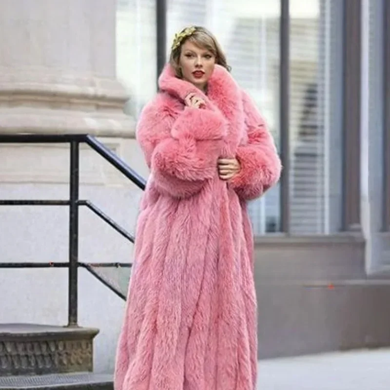 

New Winter Fashion Girls Pink Long Styles Lapel Jacket Women Clothing Thick Thermal Solid Coat Fluffy Imitation Fox Fur Overcoat