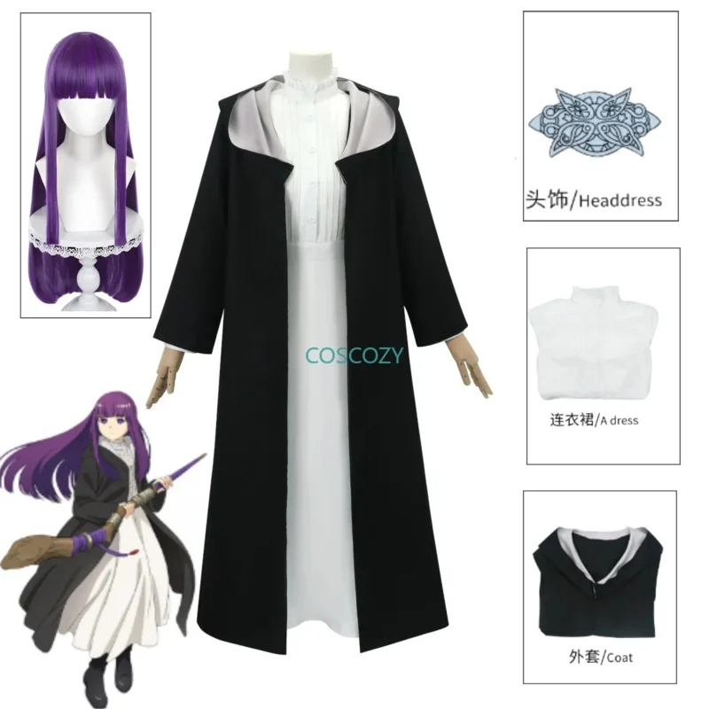

2025 New Anime Frieren: Beyond Journey's End Fern Cosplay Costume White Long Dress and Black Robe Purple Wig Headwear Halloween
