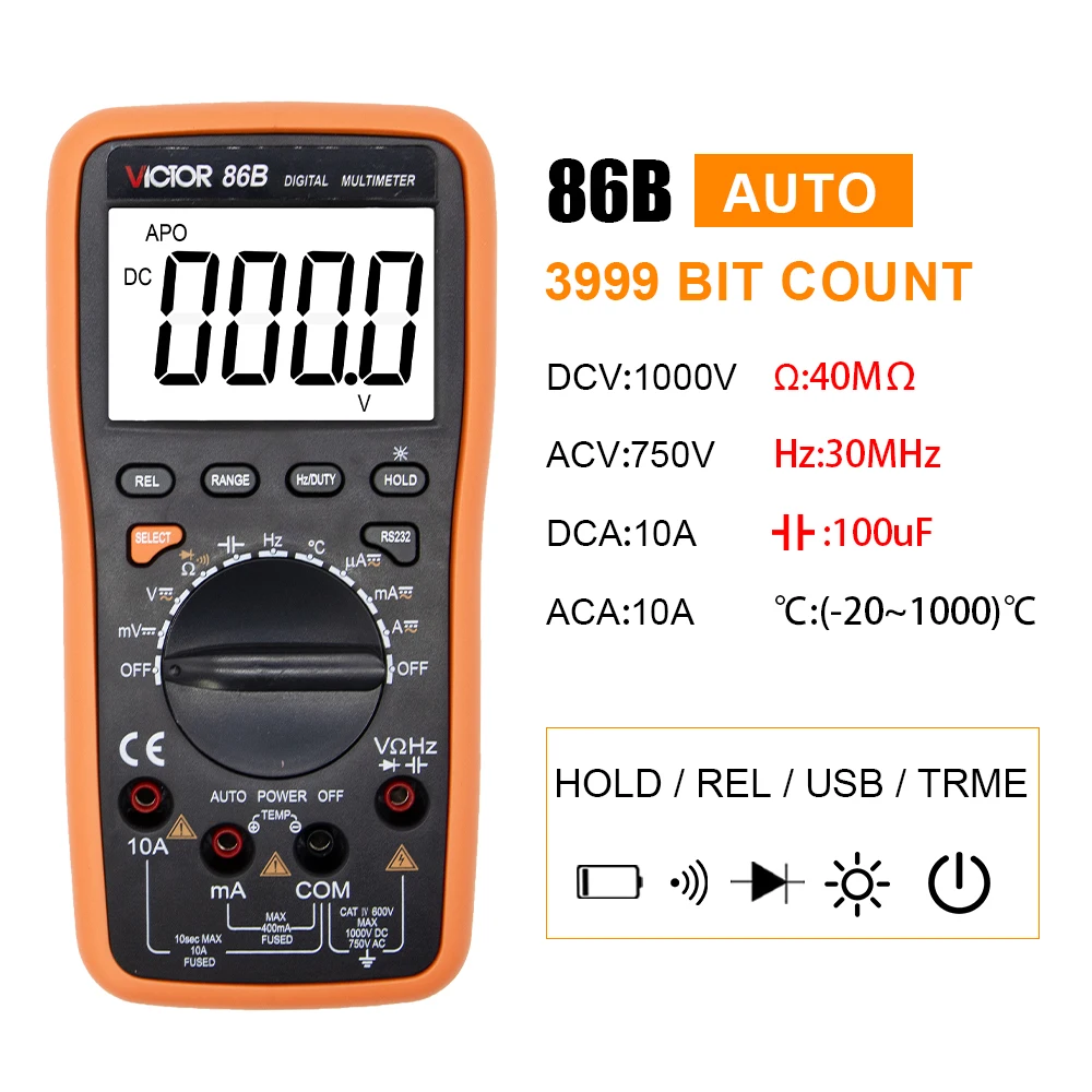 Imagem -05 - Victor 86b Multímetro Digital Alcance Automático ac dc Temperatura Freqüência Display Lcd Capacitor Tester Usb Conecte Transferência Polymeter