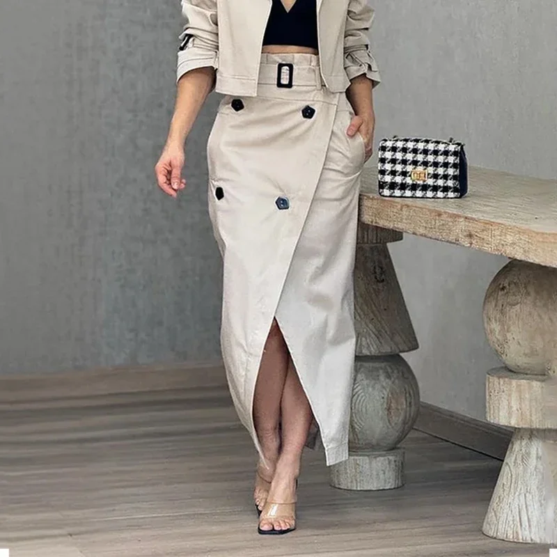 Long sleeved collar solid color top A-line slim fit irregular slit with button down long skirt set