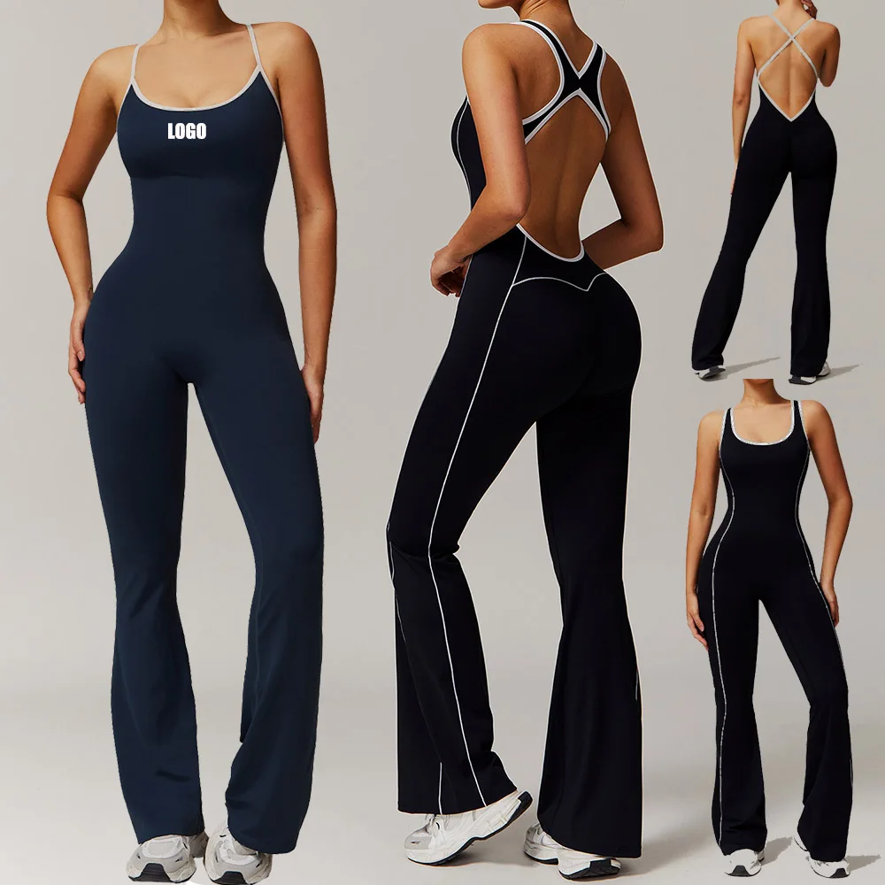 

Женский костюм для йоги с открытой спиной и логотипом на заказ, спортивный комбинезон для танцев, комбинезон с подъемом бедер и плиссированным микропелем