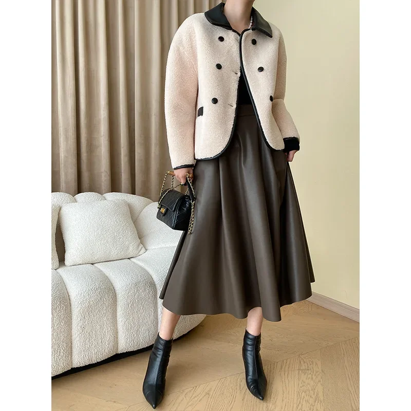 Casual French Contrast Leather Edge Fashion Faux Fur Coat Imitation Lamb Hair Small Fragrance Thickened Loose Basic Jacket Women