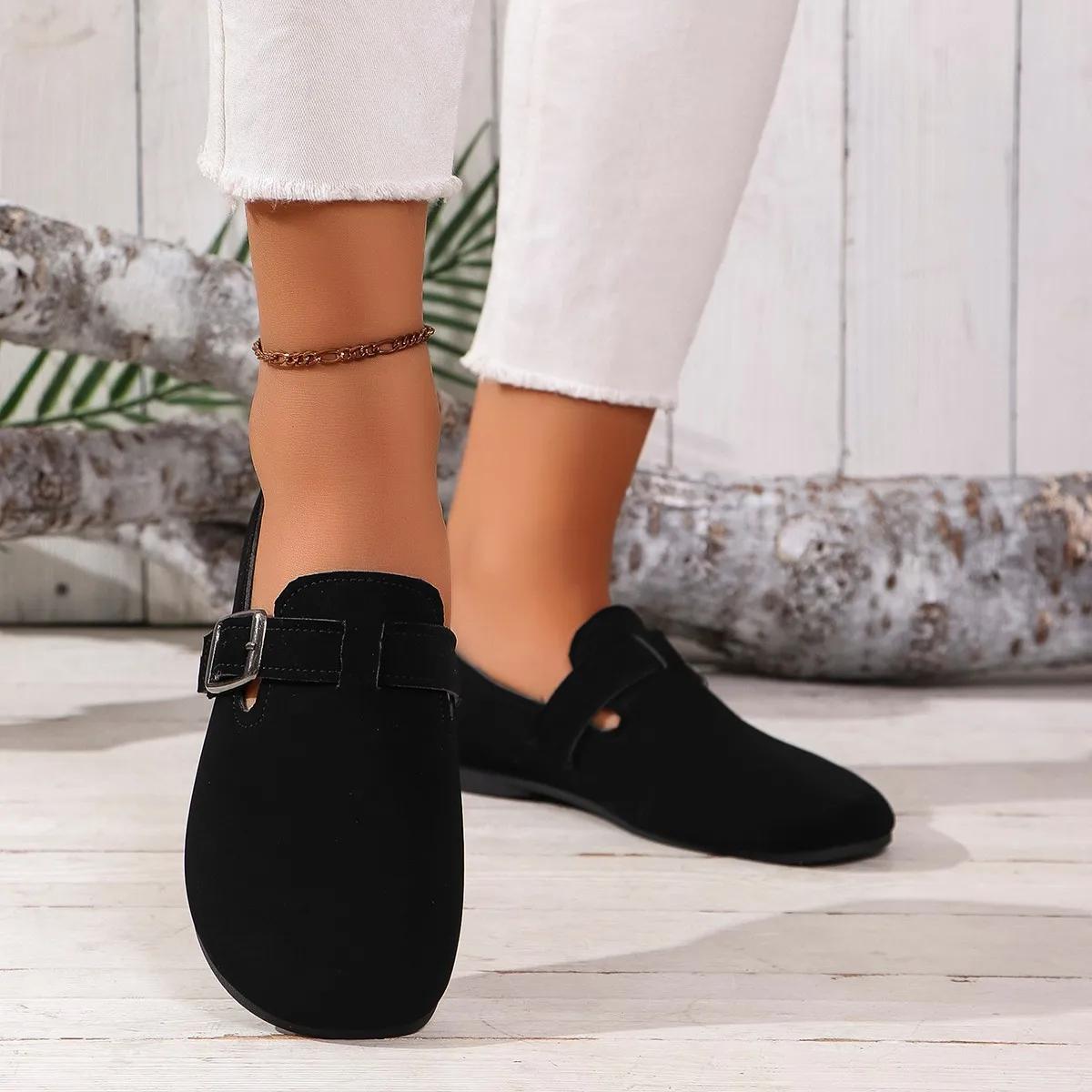 Women Flats Shoes Fashion Suede Flats Clogs Cork Insole Sandals with Arch Support Outdoor Beach Slides Home Shoes for Women