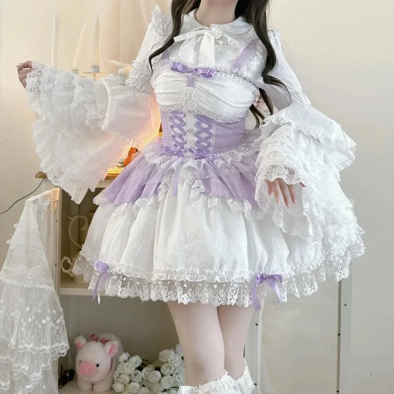 Japanese Sweet Lolita Jsk Dress 2025 Elegant Ruffles Lace Bandage Princess Strap Dresses Girls Y2k Kawaii Tea Party Mini Dress