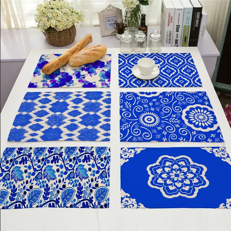 Blue White Porcelain Placemat Geometric Printed Kitchen Dining Table Mat Coaster Cotton Linen Pads Cup Bowl Coasters