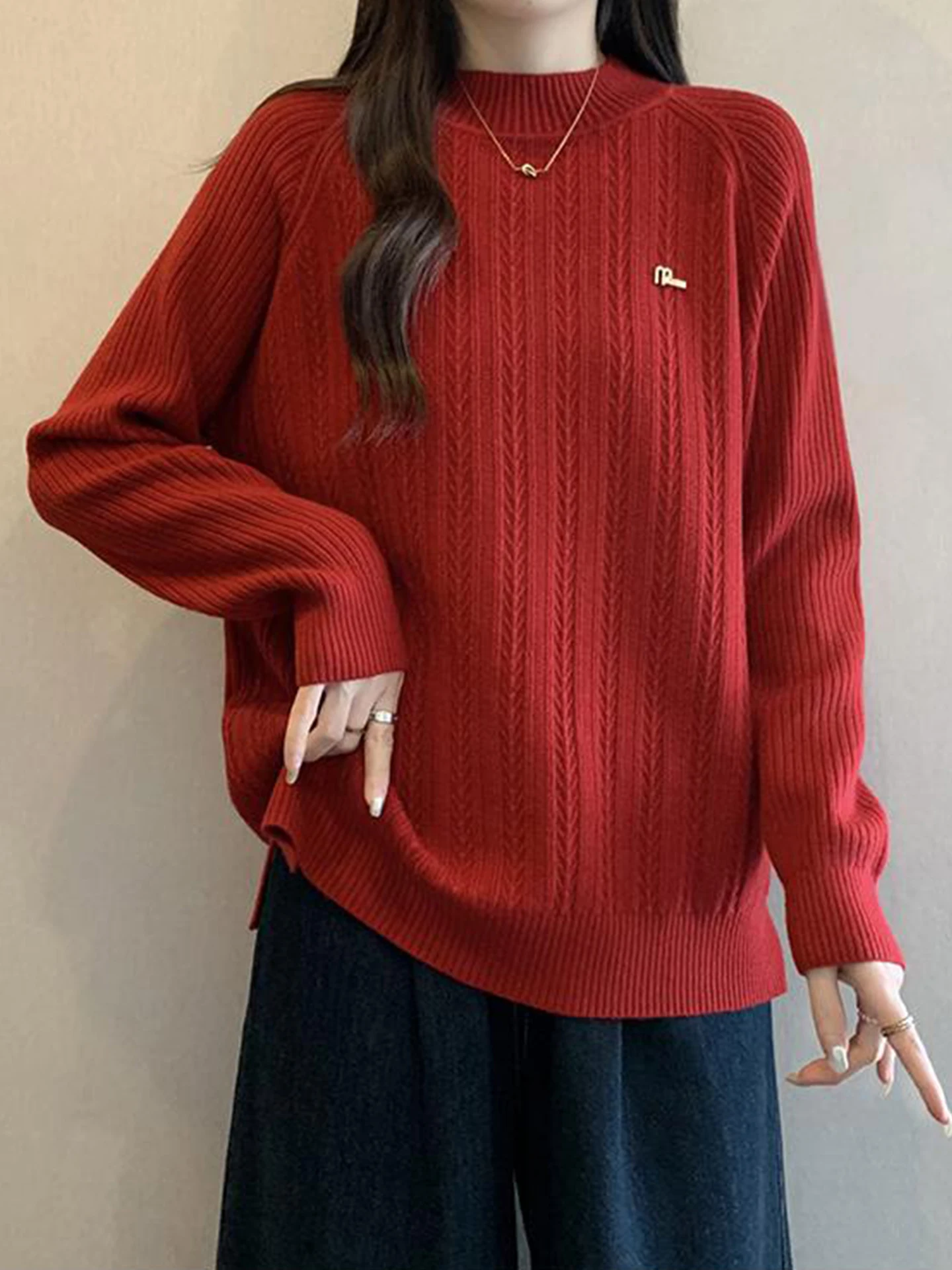 

Red Knitted Long Sleeve Base Shirt Half High Collar Shoulder Length Conceal Meat Slimming Spring New plus Size Women's Top