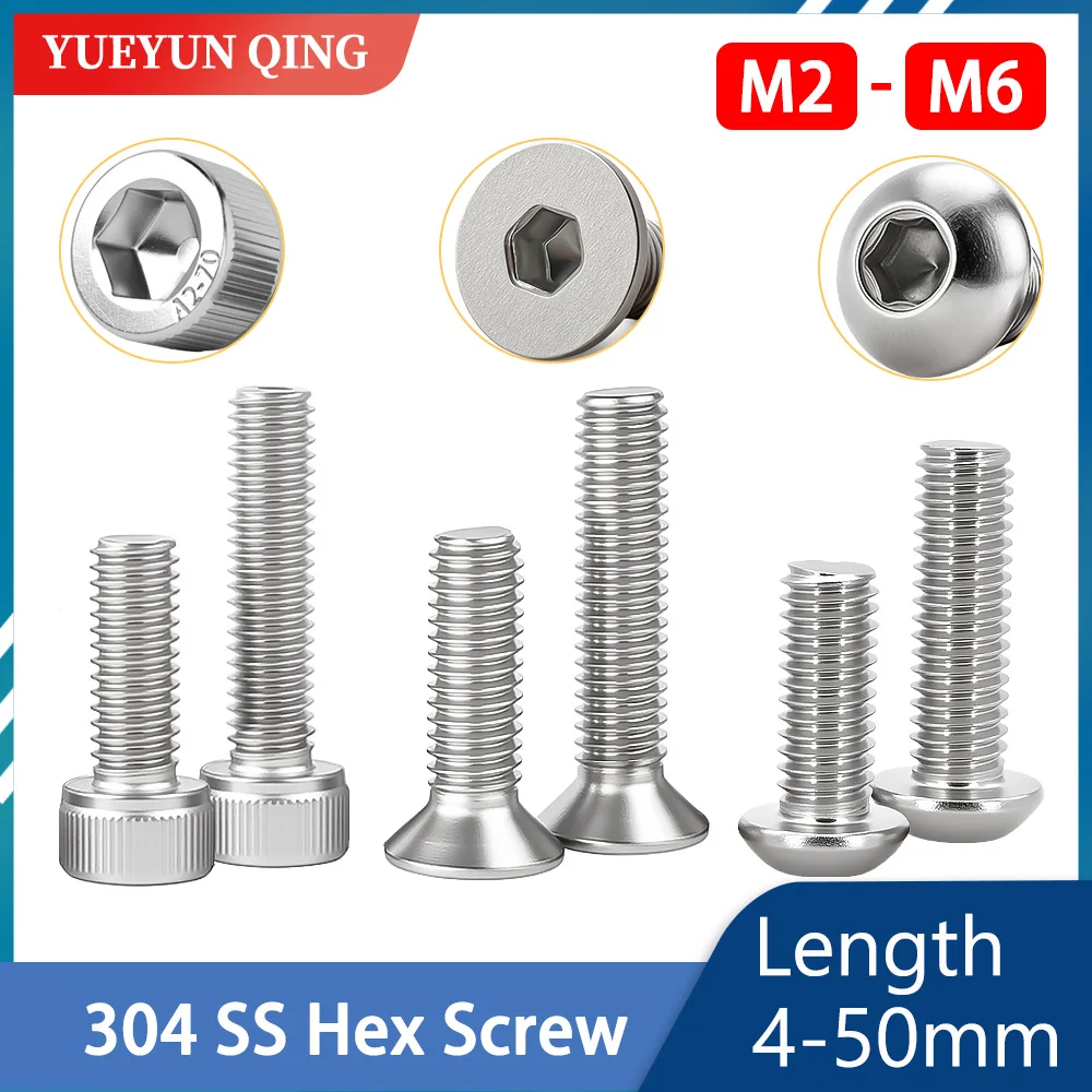 M2 M3 M4 M5 M6 Hex Socket Screw 304 Stainess Steel Metal Machine Screws Motorcycle Bolts DIN912 DIN7991 ISO7380 Hexagonal Screws