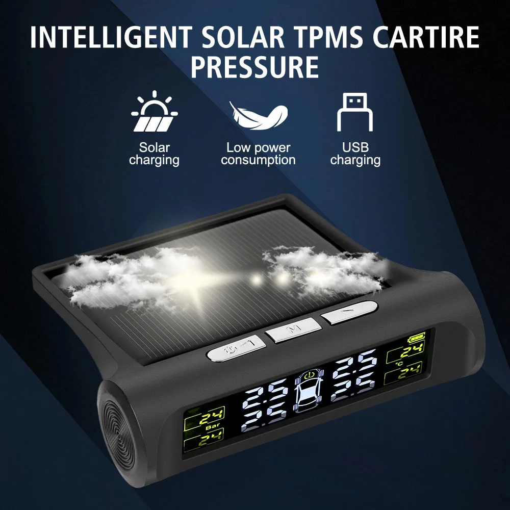 نظام مراقبة ضغط إطارات السيارة، نظام إنذار أمان تلقائي، شاشة LCD رقمية عالمية، مراقبة درجة حرارة الإطارات الشمسية TPMS #2