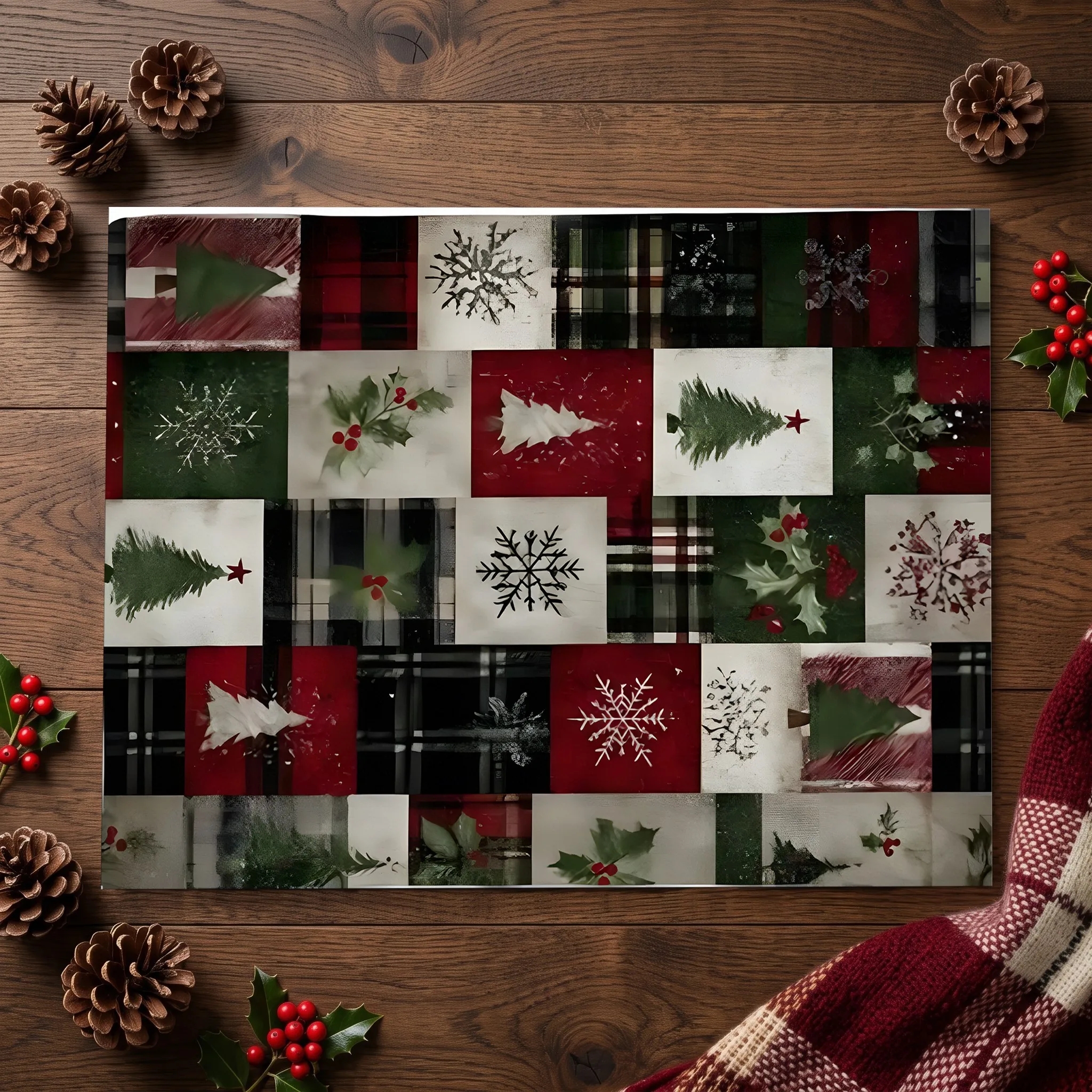 Checkered Patchwork Christmas Tree Snowflake Pattern Retro Christmas Style Living Room, Entryway, Bedroom, Bedside, Autumn and Winter Warm Festive Atmosphere Velvet Rug