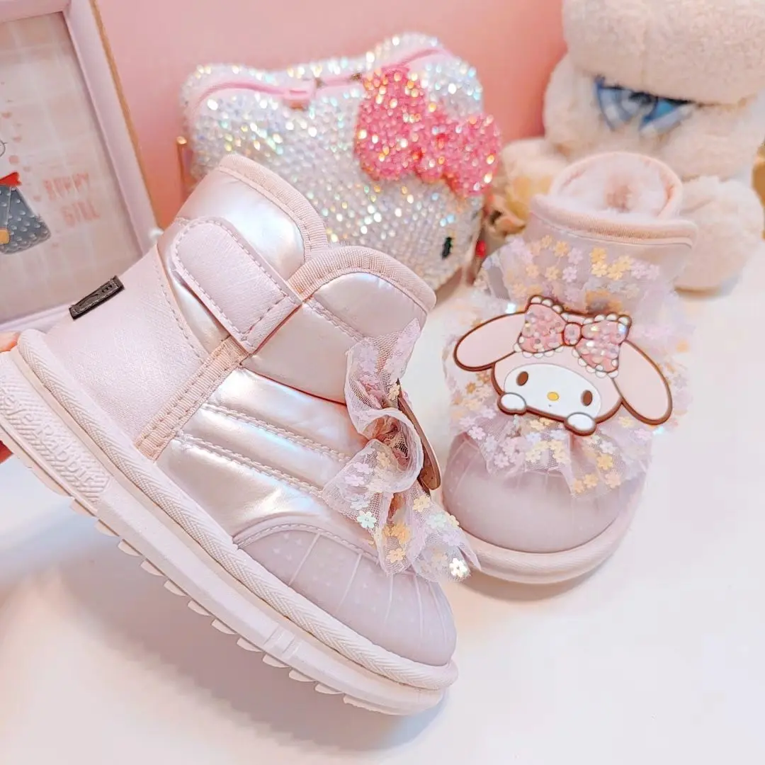 Kawaii Sanrio MyMelody Snow Boots Cute Anime Girl Pink Plush Velvet Short Boots Winter Children Waterproof Mid-calf Cotton Boots