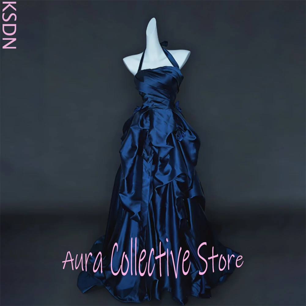 Robe de soirée élégante en Satin bleu marine pour femmes, col licou, sans manches, longueur au sol, robe de bal formelle Simple avec détails froncés