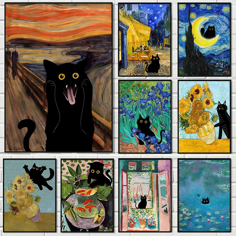 Lustige schwarze Katze Sonnenblumen abstrakte Leinwanddruck Poster Van Gogh Monet Matisse Kunstdrucke Schlafzimmer Wandkunst Home Decor Geschenke