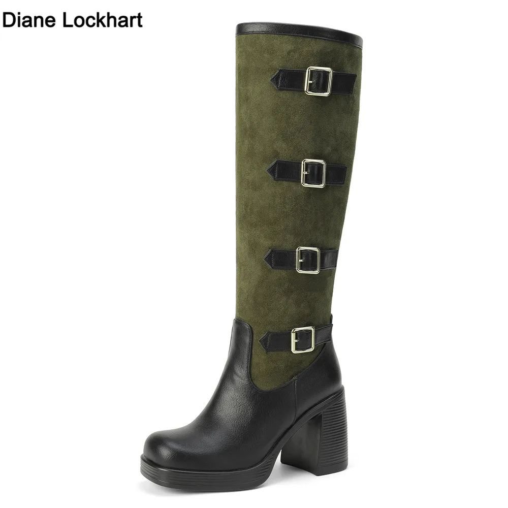 Women Boots Autumn Winter Long Tube Knight Booties Buckle Punk Gothic Classic Black ArmyGreen Platform High Heel Shoes Knee-High