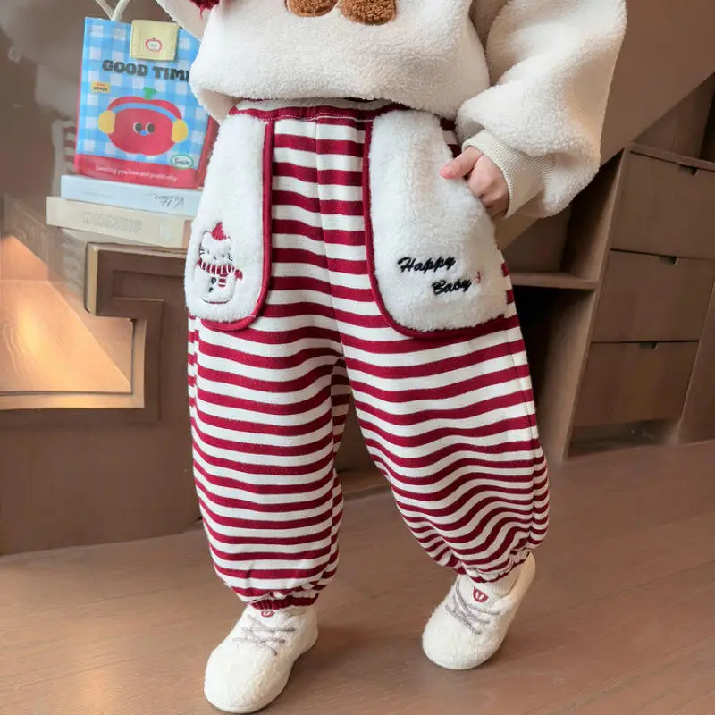 Christmas Girls' Thick Warm Pants Autumn Winter New Kawaii Anime Color Blocked Pocket Stripes Fashion Versatile Casual Pants