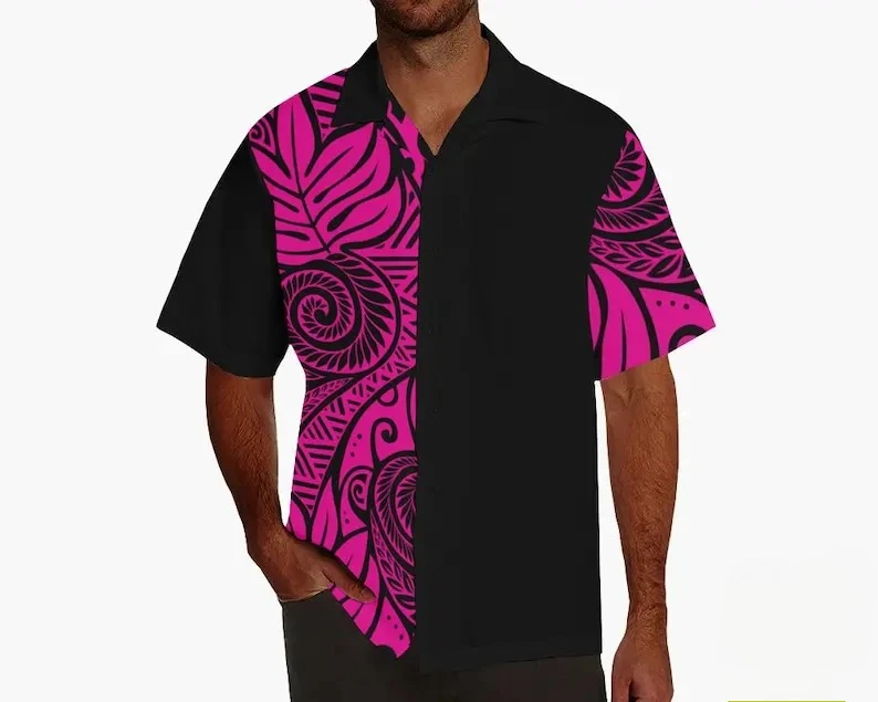 Print Beach Shirts Men's Beige Black  Short Sleeve Button Up Hawaiian Shirt
