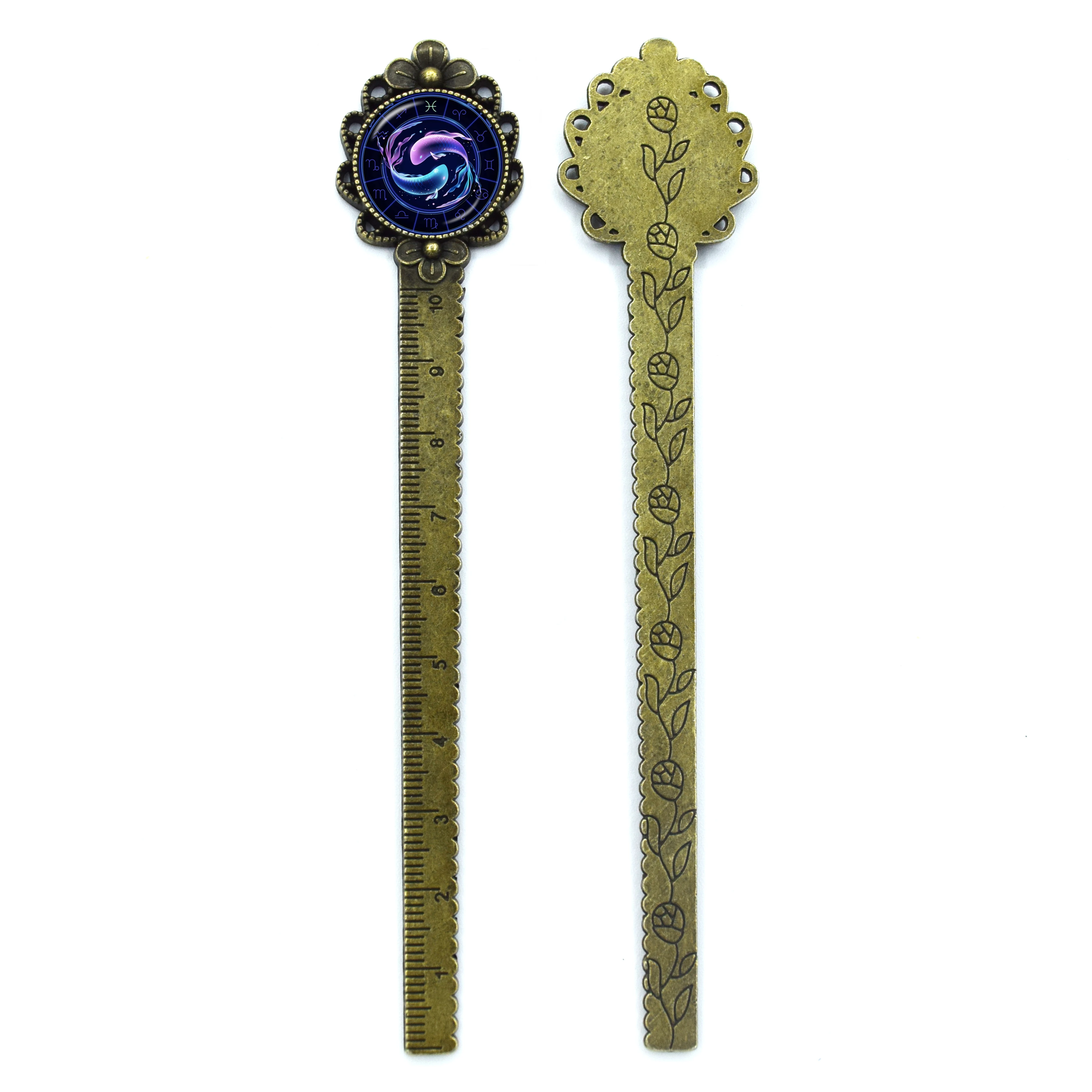 

New Time 12 Constellation Retro Bronze Circular Bookmark 10CM Ruler Glass Gemstone as Book Page Marker