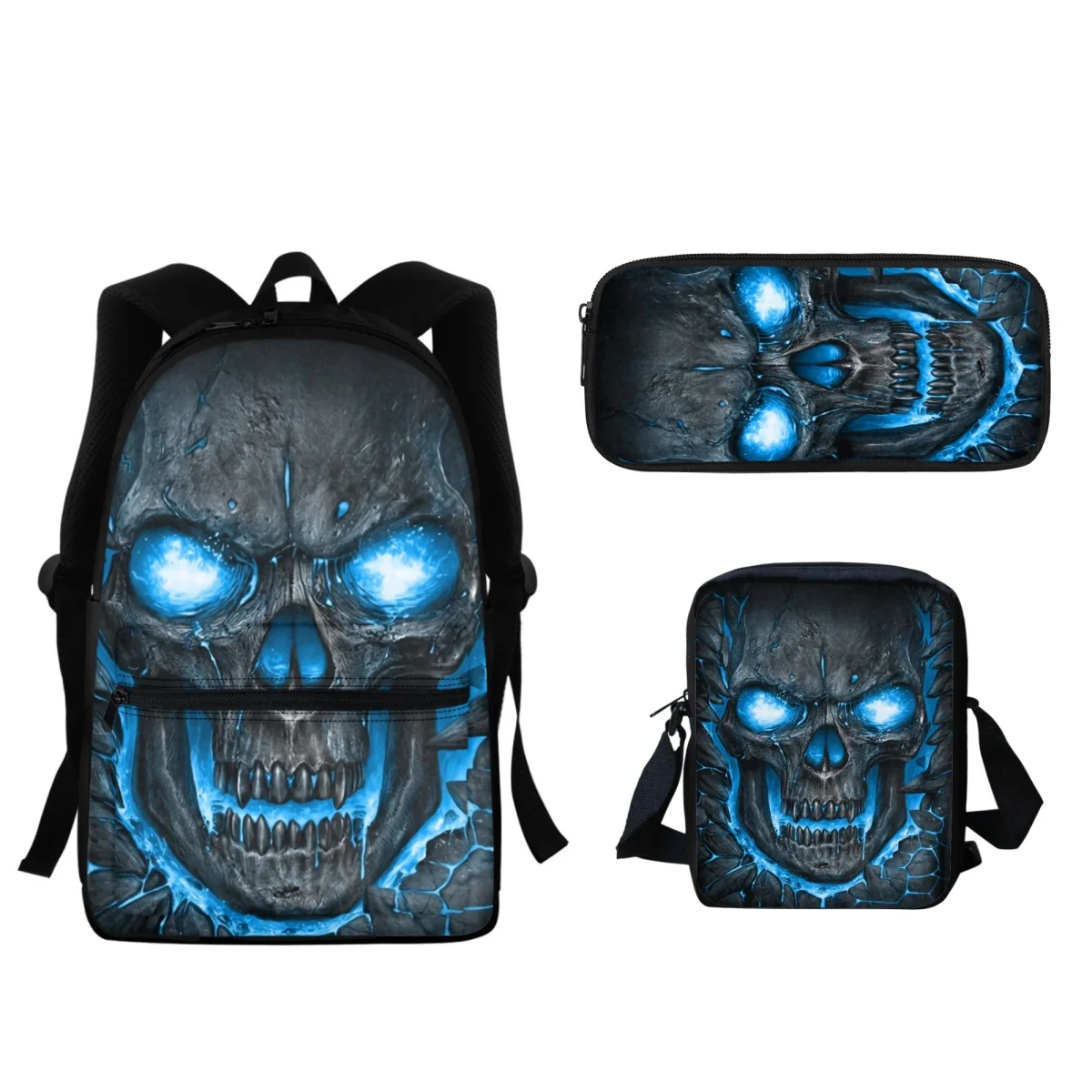 3Pc Horror Skull Middle School Student Schoolbag Gothic Style Trend College Student Backpack Casual Lunch Bag Study Tools Gift