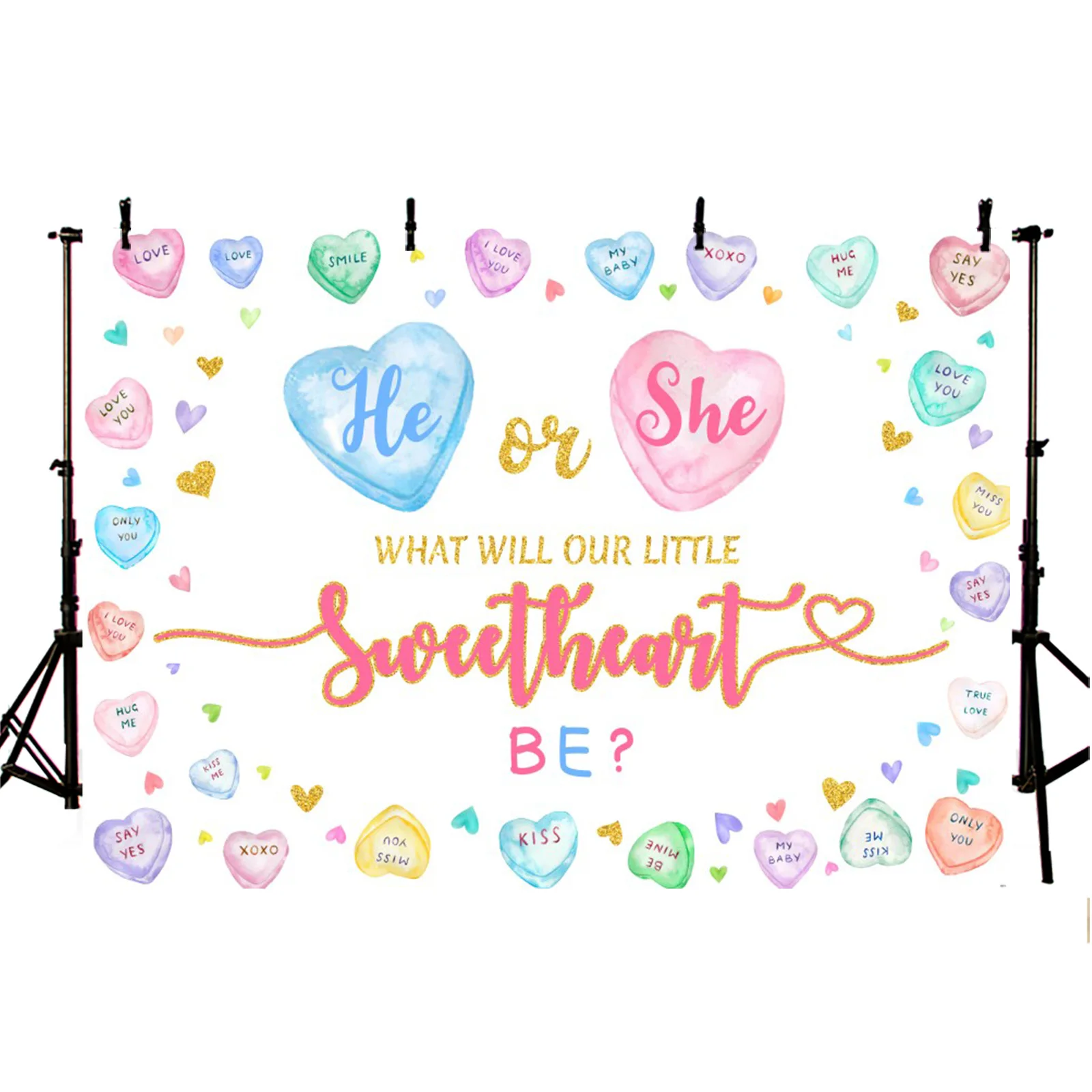 He or She Gender Reveal Backdrop, Blue Pink Colorful Sweetheart Boy or Girl Baby Shower Party Decoration, Photography Background