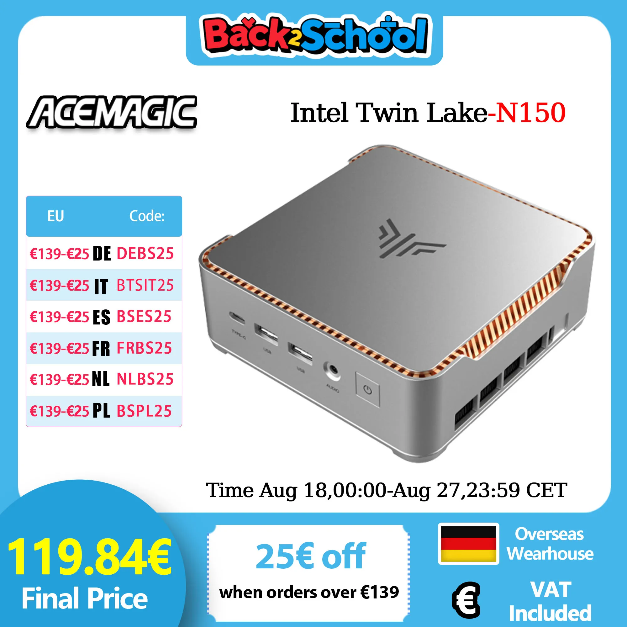 ACEMAGIC Essenx E2 N150 Mini PC 16 GB DDR4 1 TB SSD Mini Computer HDMI+DP1.4 Dual 4K UHD Gigabit Ethernet WiFi5 BT4.2 Micro PC