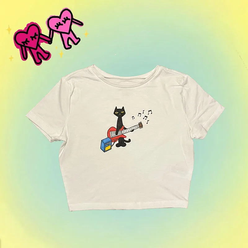 

2000s Tops Kitten Print Cute Baby Tees Streetwear Harajuku Goth Short Sleeve T-shirts Y2k Star girls Black Crop Tops Slim E-girl