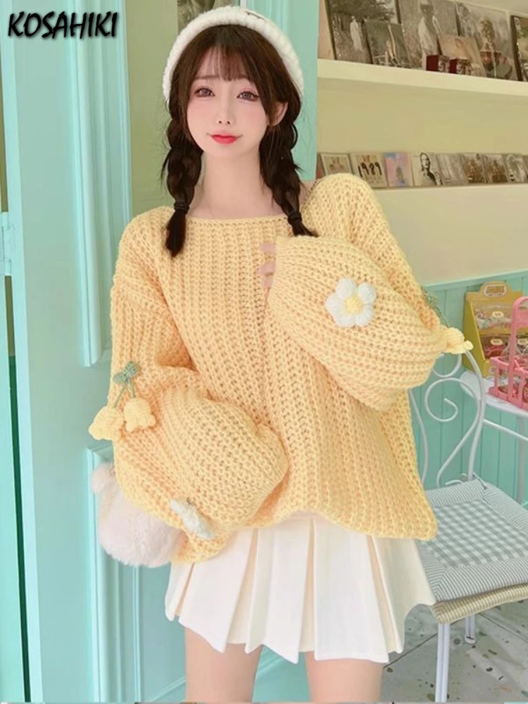 

Autumn Preppy Style Grunge Kawaii Cute Sweaters Women Y2k Aesthetic 3D Flower Jumpers Y2k Aesthetic Casual Hollow Out ​Pullovers