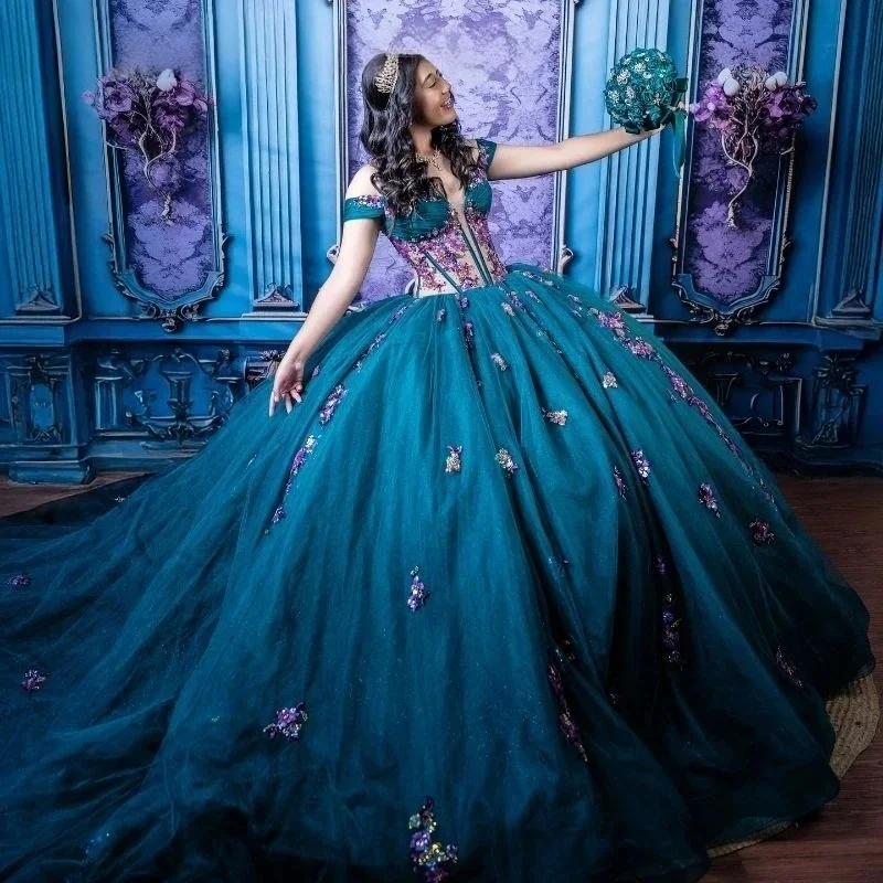 

Бирюзовые платья Quinceanera, бальное платье с открытыми плечами и аппликациями, милые платья 16, 15 лет, по индивидуальному заказу