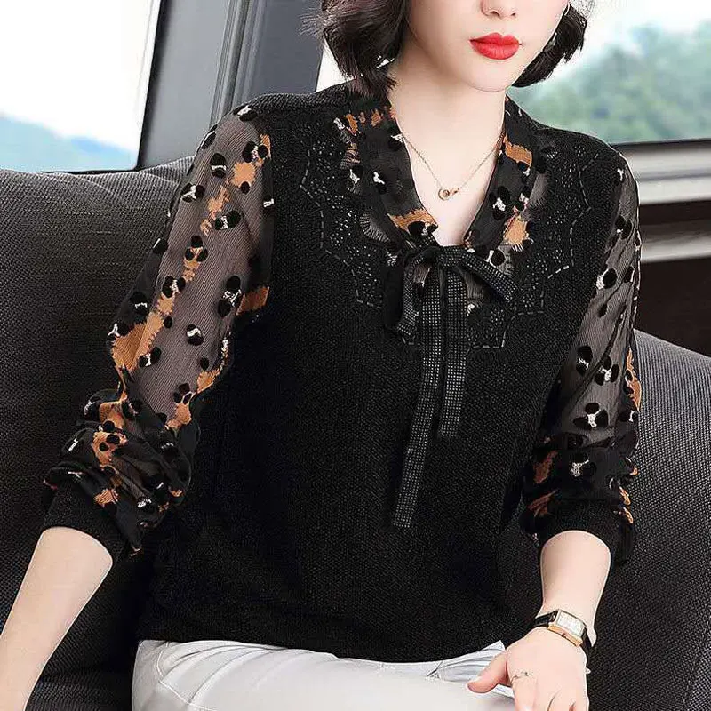 Office Lady Elegant V-Neck Bandage Bow Shirt Spring Autumn New Long Sleeve Women\'s Clothing Vintage Printed Chic Diamonds Blouse