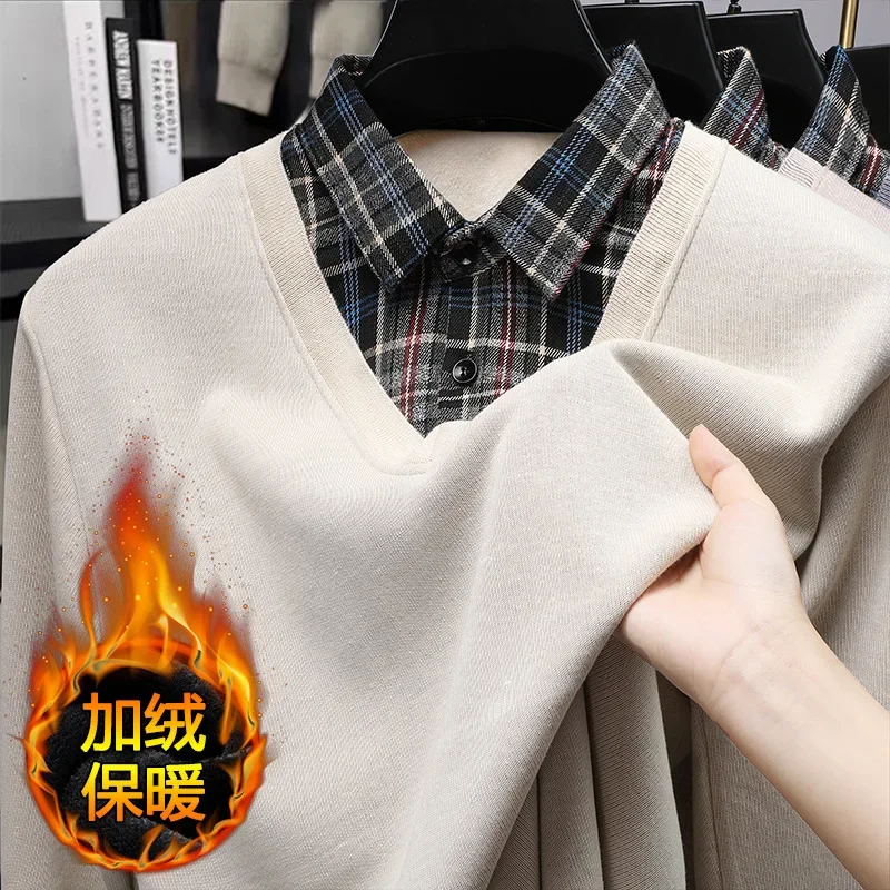 Autumn Winter Mens Fleece Pullover Men's Polo Collar Sweater Knitwear Classic Plaid Sweaters Thick Warm Khaki Korean Clothing