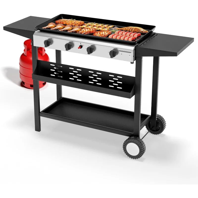 Plancha de propano portátil de 4 quemadores con bandeja esmaltada antiadherente, parrilla de gas superior plana rodante de 40000 BTU con encendido electrónico