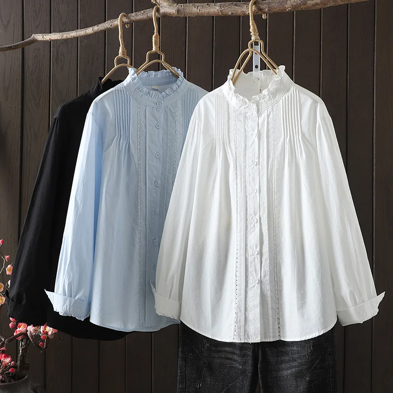 Women\'s Top Boho Peasant Blouse Shirt Mori Girl Japan Style Stand Collar Long Sleeve White Blue Black Solid Embroidery Blouses