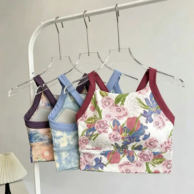 Women Floral Tie Dye Cross Back Sports Bra Wide Strap Fixed Cup High Support Wirefree Gym Yoga Activewear
