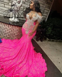 Pink Off Shoulder Long Prom Dress For Black Girls 2026 Beaded Crystal Tassel Birthday Party Dresses Evening Gowns Customized