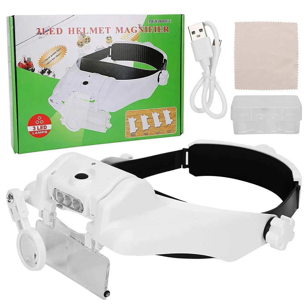 TKDMR USB Rechargeable Headband Loupe Eyewear Magnifier Illuminated Magnifying Glass with 2LED Light Magnification For Soldering