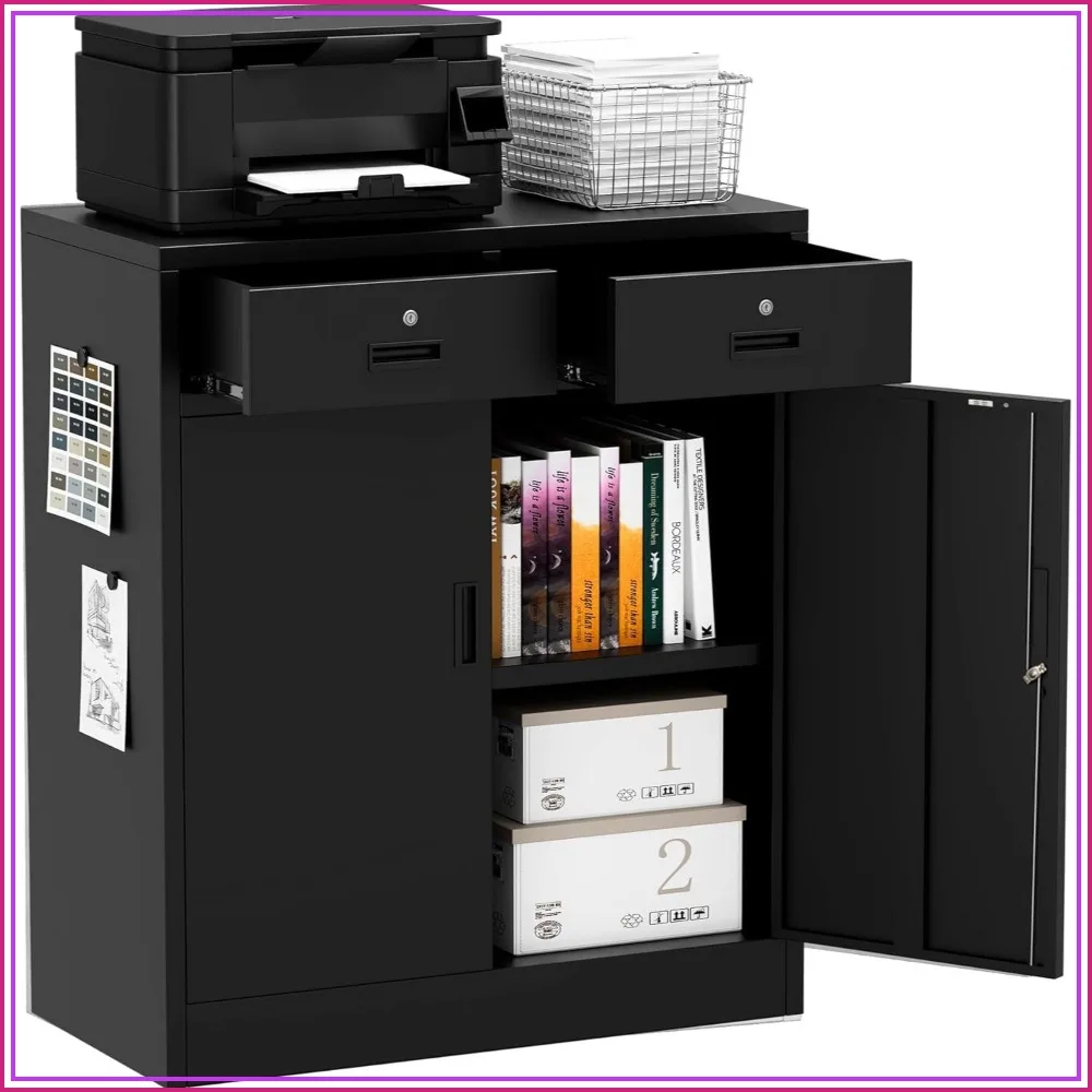 Metal Storage Cabinet 36 Inch Tall Locking Cabinet with 2 Doors 2 Drawers Adjustable Shelf Black