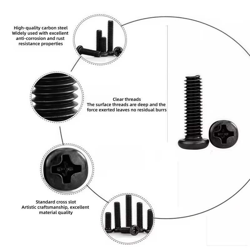 PM Black Mechanical Screw Assortment Kit M2 M2.5 M3 M4 M5 Phillips Round Head Screw Bolt Nut Set Box for Computer