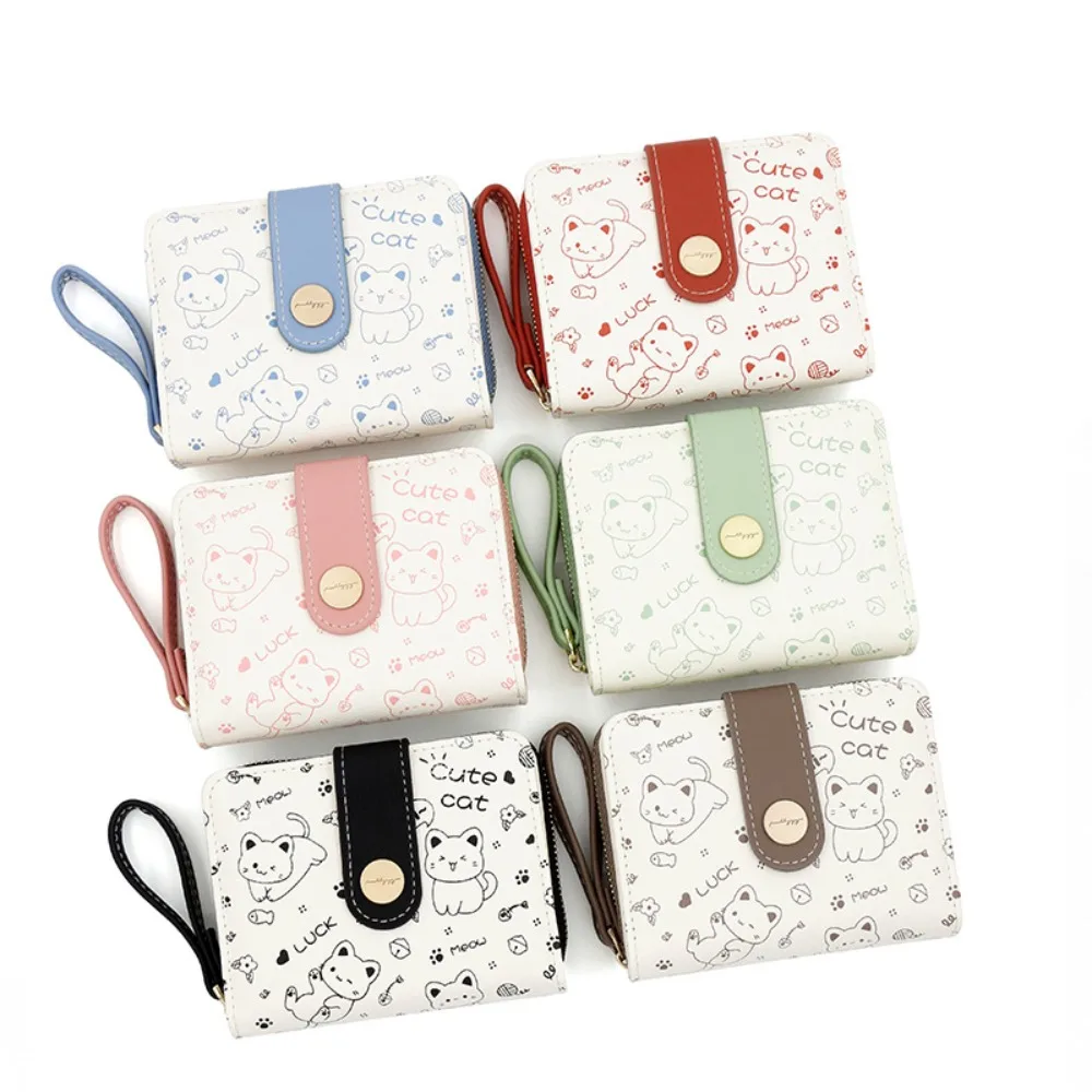 

Waterproof Cute Cat Girls Wallet Pu Portable Short Student Money Bag Candy Colors Multiple Card Slot Zipper Wallets Student