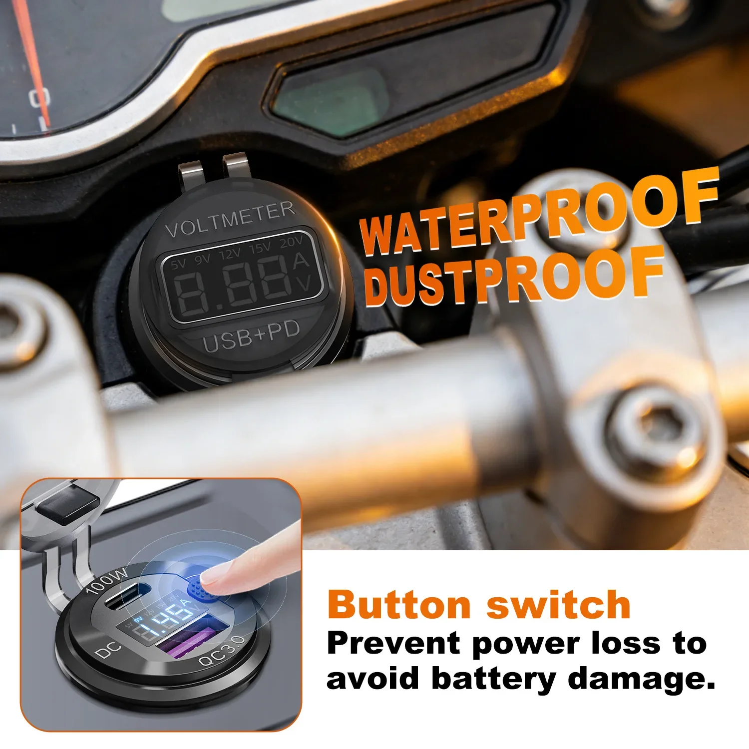 12V USB-Ausgang Aluminium-Autoladegerät PD3.0-Anschluss für Laptops Schnellladung 3.0 USB-Anschluss Wasserdicht mit Voltmeter für Wohnmobil, Boot, Bus – Detail 12
