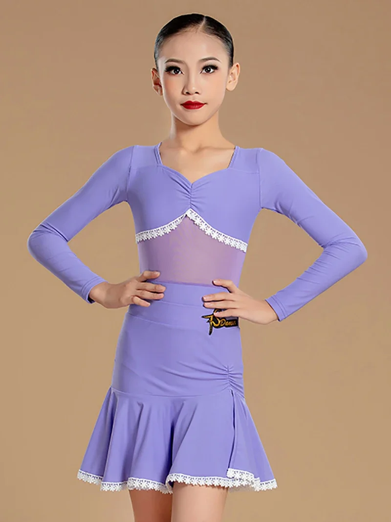 Púrpura niños niñas práctica de baile latino para niños malla mono de manga larga y faldas Rumber Chacha trajes de baile