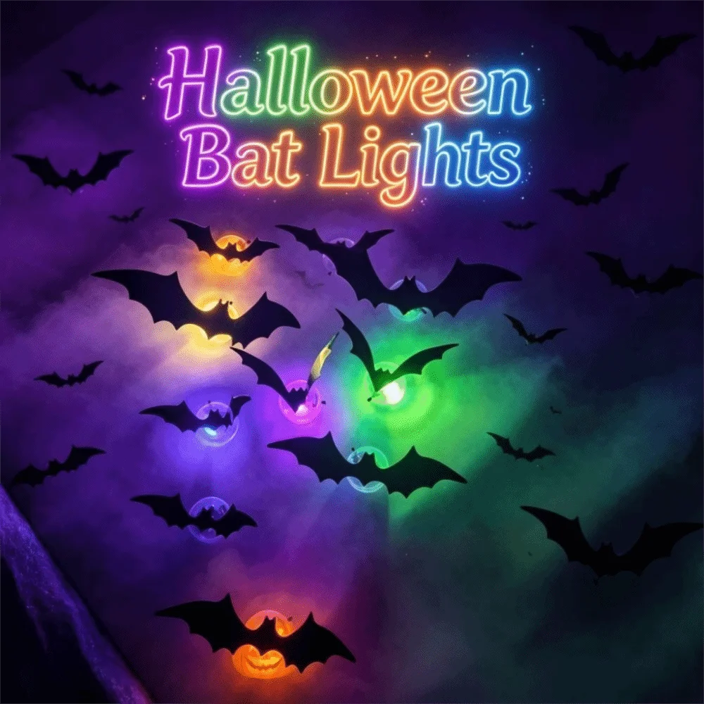 LED Lighted Halloween Wall Stickers Bat and Spider Black Silhouette Bat Wall Stickers Assorted Shapes Spider Wall Stickers